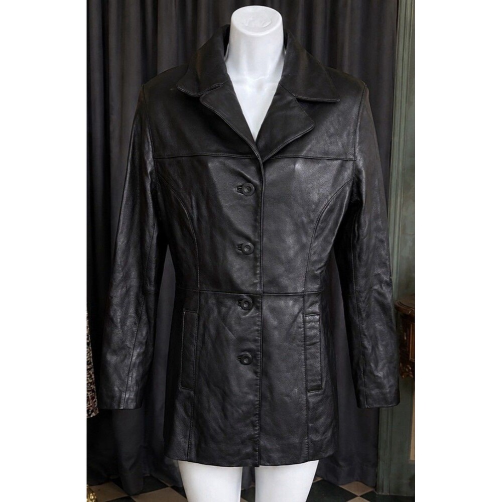 JLC Women’s Black Genuine Leather Coat Jacket Size M Button Front Lined